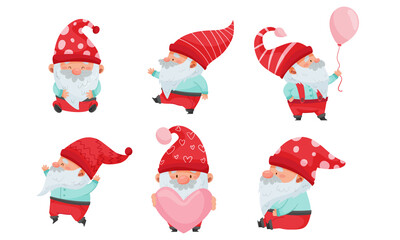 Fantastic Christmas Gnome or Dwarf Character with Red Hat and White Beard Holding Heart and Balloon Vector Set