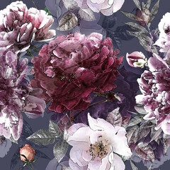 art vintage pencil floral colorful seamless pattern with white roses and purple peonies on background. Double Exposure and Bokeh effect