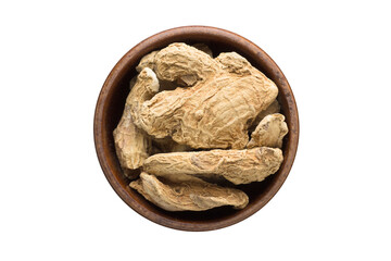 ginger root spice in wooden bowl, isolated on white background. Seasoning top view