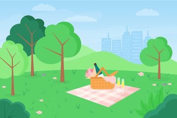 Vector flat illustration of outdoor picnic in urban park on cityscape background. Basket with flowers, food and wine, glasses with champagne on blanket at grass, against city skyscape