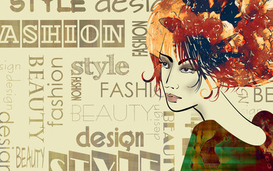 art colorful sketched beautiful girl face in profile in mixed media style with red and black floral curly hair on sepia background with word fashion, style, model, design