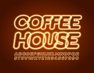 Vector glowing logo Coffee House with Electric light Font. Trendy Neon Alphabet Letters and Numbers