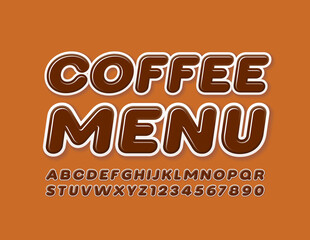 Vector modern emblem Coffee Menu with Glossy Font. Brown Alphabet Letters and Numbers