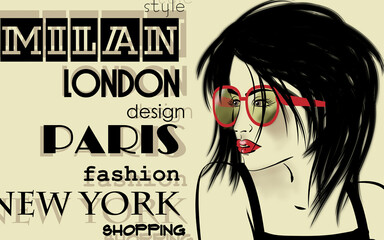 art monochrome sketched beautiful girl face in profile with eyeglasses in mixed media style with black hair on sepia background with word fashion, style, model, design, Paris, Milan, London, New York