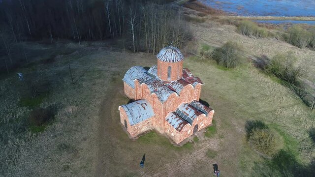 Top view on the old Church of the Savior on Kovalev, April day. The Surrounding Area of Veliky Novgorod, Russia     