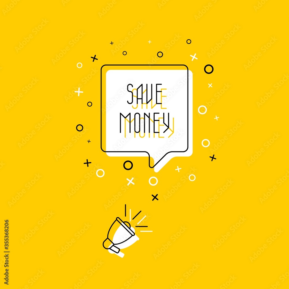 Poster megaphone and text 'save money' in speech bubble on yellow background. flat thin line vector illustr