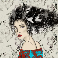 art colorful illustration with face of beautiful girl in profile with black floral afro funky curly hair, in party dress on floral background in mixed media style