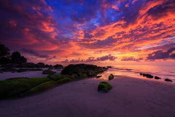 Amazing twilight Sunset seascape with sea wave hitting the green moss