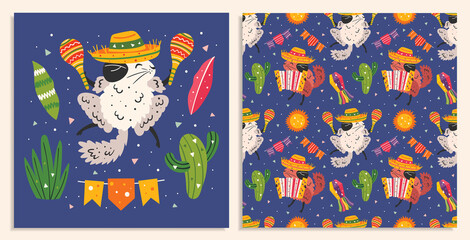 Obraz na płótnie Canvas Mexico holiday. Little cute chinchillas in sombrero with maracas, accordion, cactus, sun and flags. Mexican party. Latin America. Flat colourful vector seamless pattern, background. Card making.