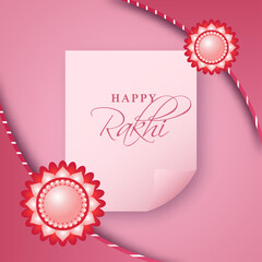 Happy Rakhi Font on Pink Paper Curl with Glossy Rakhis Decorated Background.