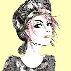 art colorful illustration with face of beautiful girl in profile with grey floral hat and short hair, in party flowers dress on light yellow  background in mixed media style
