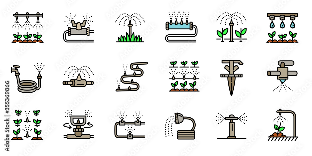 Poster irrigation system icons set. outline set of irrigation system vector icons for web design isolated o