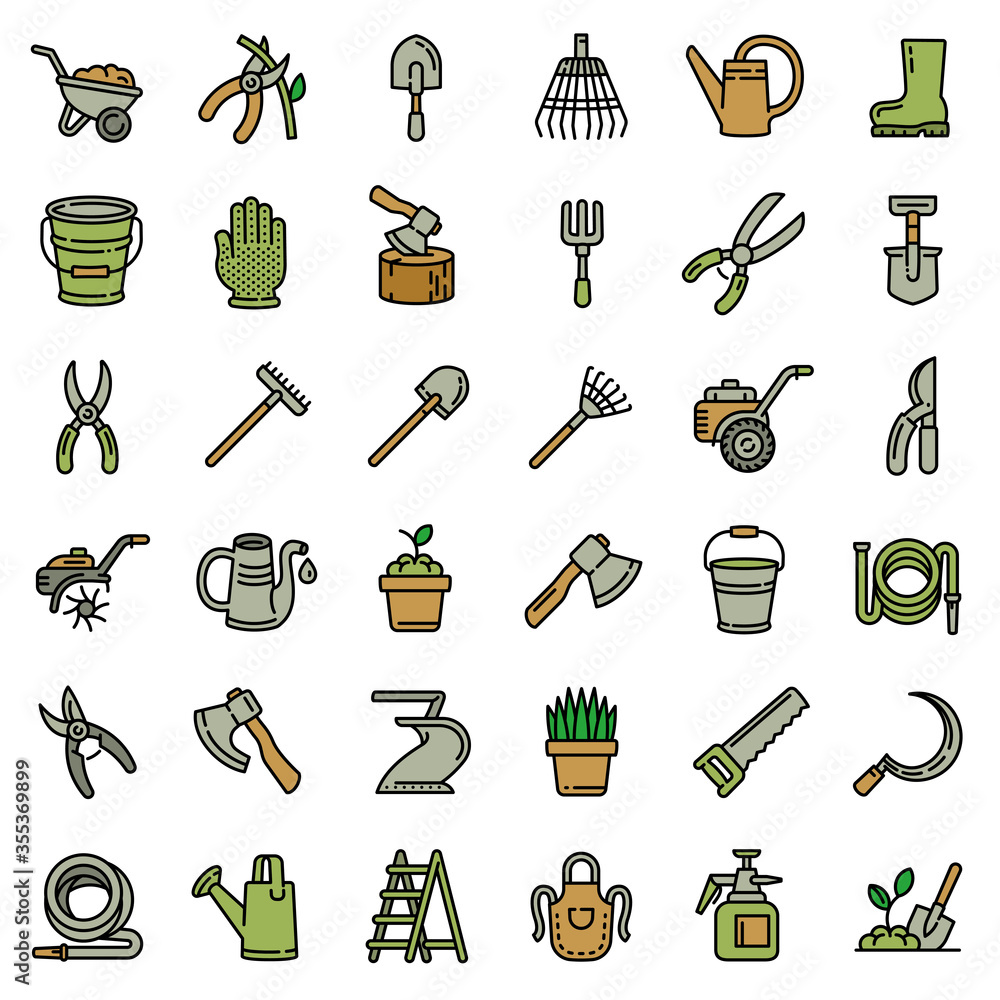Poster gardening tools icons set. outline set of gardening tools vector icons for web design isolated on wh