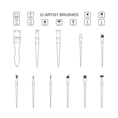 Art and painting brush set. Simple line icons stationary artist watercolor and acrylic accessories. Vector illustration. filbert brush linear angular dotting texture bristle mop tuft pointed rigger fa