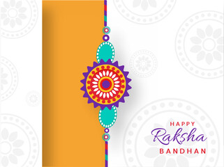 Happy Raksha Bandhan Font with Colorful Floral Rakhi on White Mandala Pattern Background.