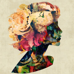 art colorful floral silhouette profile of beautiful girl with floral curly hair on sepia background