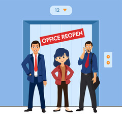 Office Reopen Text Sticker on Blue Elevator with Cheerful Employees Character.