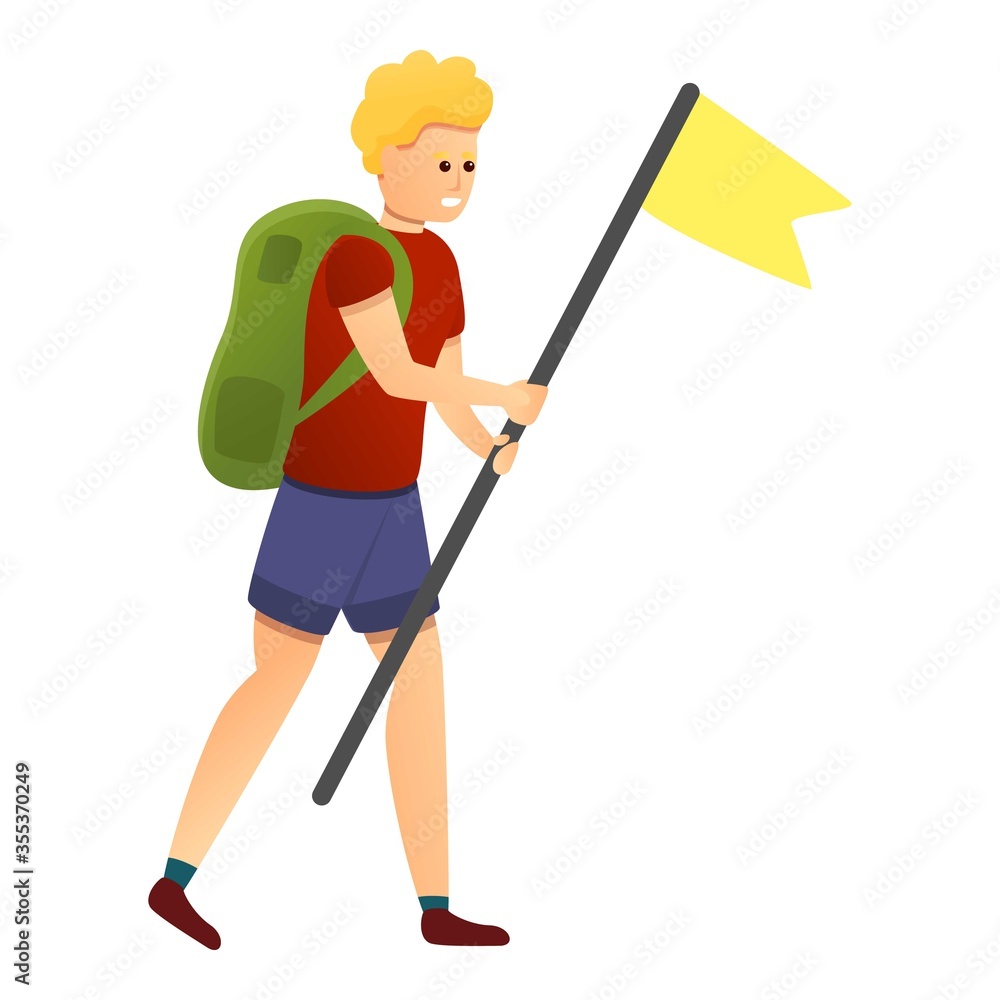 Poster tourist with flag icon. cartoon of tourist with flag vector icon for web design isolated on white ba