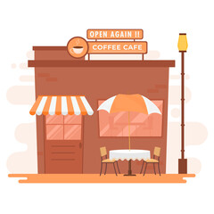 Obraz premium Open Again Coffee Cafe Shop with Exterior Table and Chairs on White Background.