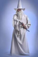 Portrait of a courageous and brutal, majestic old man, wizard, sorcerer with gray hair, a mustache...