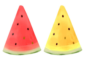 赤色のスイカと黄色のスイカのイラスト