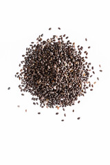 Pile of Chia seeds top view. Isolated on white background