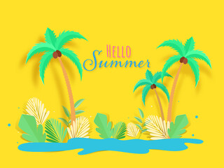 Fototapeta na wymiar Hello Summer Font with Paper Cut Coconut Trees, Tropical Leaves and Blue Water Splash on Yellow Background.