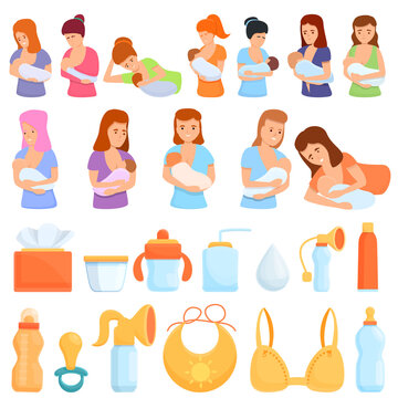 Breast-feeding icons set. Cartoon set of breast-feeding vector icons for web design