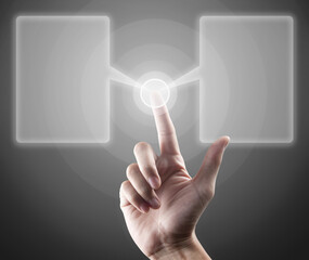 hand pushing a button on a touch screen dialog box interface