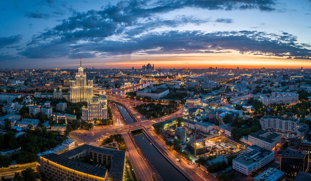 MOSCOW, RUSSIA - MAY 13, 2019: An aerial view of the Yauza River and the Kotelnicheskaya Embankment Building at sunset.