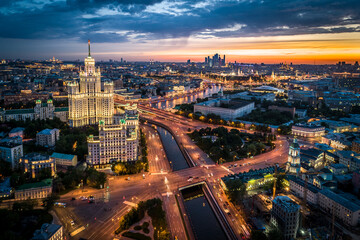 MOSCOW, RUSSIA - MAY 13, 2019: An aerial view of the Yauza River and the Kotelnicheskaya Embankment Building at sunset.