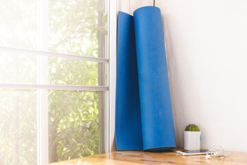Blue yoga mat, equipment for exercise