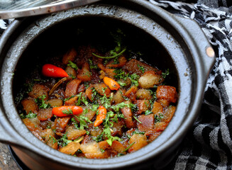 Close up Vietnamese meal for lunch of vegetarian, pot of braised sauce