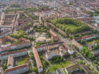 Panoramic aerial view of city of Zurich in Switzerland. Densely populated area with many buildings. Travel destination in Europe.