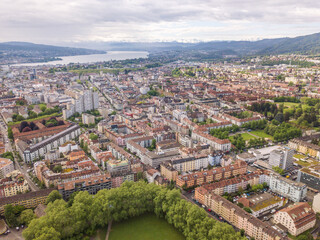 Panoramic aerial view of city of Zurich in Switzerland. Densely populated area with many buildings. Travel destination in Europe.