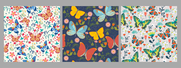 Set of seamless patterns with butterflies. Vector graphics.