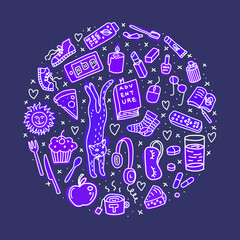 Objects at home doodles. Round shape on dark