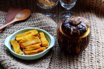 healthy food for vegetarian, sliced of baked yellow squash, nutrition for vegan meal or non meat diet