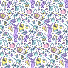 Objects at home doodles. Seamless pattern in pastel multicolor
