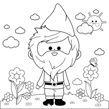 Cute garden gnome in the garden. Vector black and white coloring page
