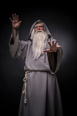 Portrait of a manly and brutal, majestic, old man, sorcerer, wizard with gray hair and a beard with...