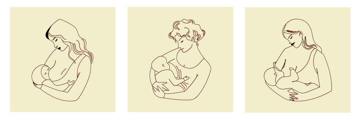 Set of young nursing women in the Doodle style. A mother holds a child in her arms. The concept of natural feeding. Maternal love. Vector colorful illustration isolated on a white background.
