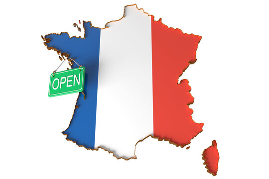 Map of France in blue, white, red of French flag with convex, relief border, on left edge hangs green sign OPEN, 3D illustration, isolated. Concept: France opens its borders to citizens and tourists