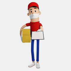 3D illustration render delivery man red uniform send package at to home and give paper to customer sign the parcel stay at home in virus covid-19 scourge