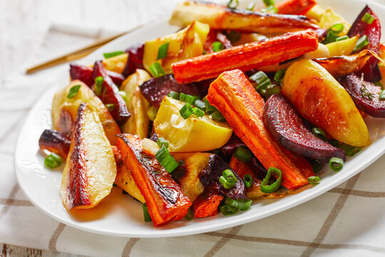 close-up of grilled sliced veggies on a plate