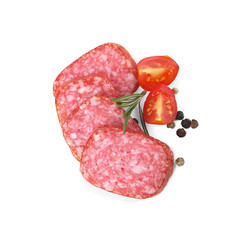 Slices of delicious smoked sausage, tomato and rosemary isolated on white, top view