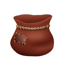 Cute cartoon treasure bag with a patch. RPG game asset of empty pouch for gold. Vector isolated realistic image