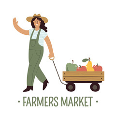 Obraz premium Woman farmer with a wooden cart selling apples and pears. Farmer's market, eco products, grocery store, zero waste shop, local market food, fresh and organic farm products. Vector illustration