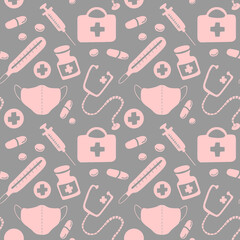 Seamless pattern with icons medical tools and medicines - first aid kit, syringe, stethoscope, thermometer, medical mask, medicine bottle, tablets, pills, capsules. Vector EPS10 in flat style