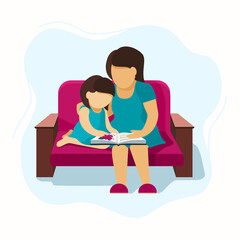 Mother and daughter are sitting on the sofa next to each other and reading a large book with pictures. Vector image isolated on a white background.